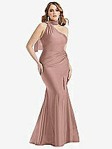 Alt View 1 Thumbnail - Neu Nude Scarf Neck One-Shoulder Stretch Satin Mermaid Dress with Slight Train