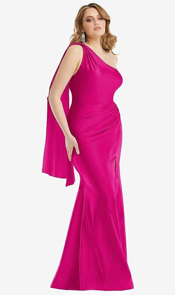 Front View - Think Pink Scarf Neck One-Shoulder Stretch Satin Mermaid Dress with Slight Train