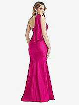 Rear View Thumbnail - Think Pink Scarf Neck One-Shoulder Stretch Satin Mermaid Dress with Slight Train