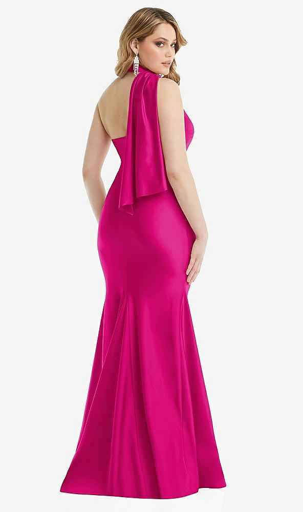 Back View - Think Pink Scarf Neck One-Shoulder Stretch Satin Mermaid Dress with Slight Train