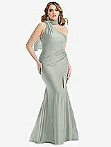 Alt View 1 Thumbnail - Willow Green Scarf Neck One-Shoulder Stretch Satin Mermaid Dress with Slight Train