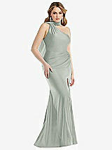 Side View Thumbnail - Willow Green Scarf Neck One-Shoulder Stretch Satin Mermaid Dress with Slight Train