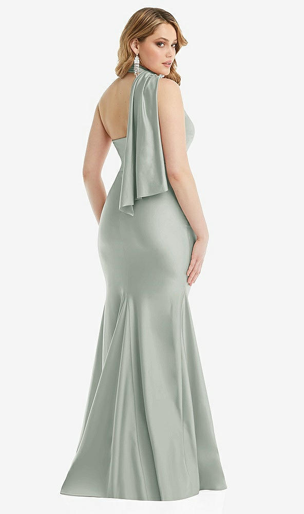 Back View - Willow Green Scarf Neck One-Shoulder Stretch Satin Mermaid Dress with Slight Train