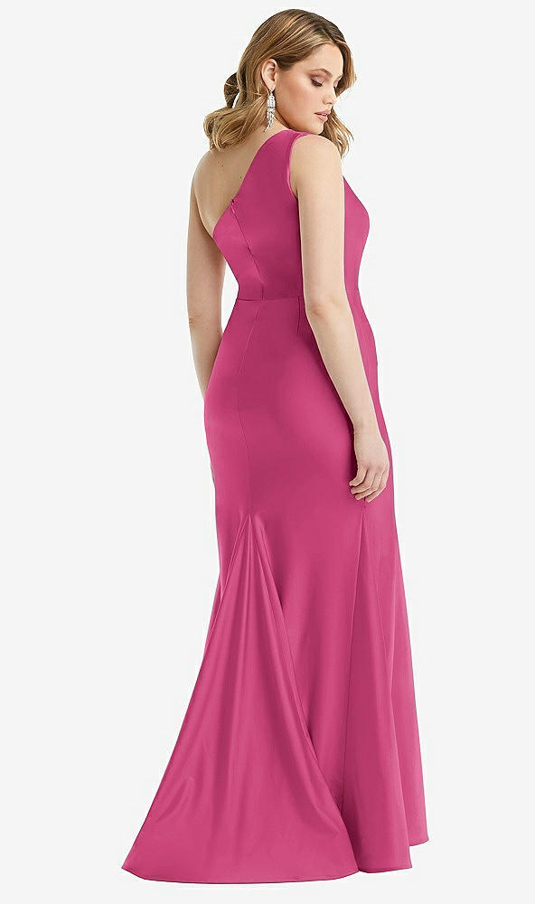 Back View - Tea Rose One-Shoulder Bustier Stretch Satin Mermaid Dress with Cascade Ruffle