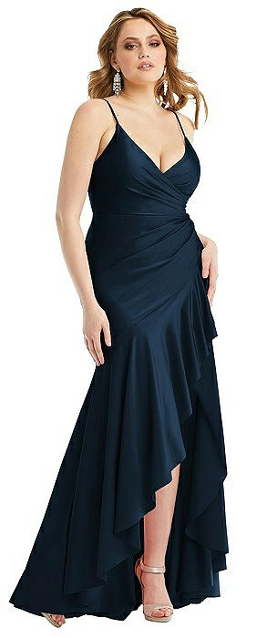 Pleated Wrap Ruffled High Low Stretch Satin Gown with Slight Train