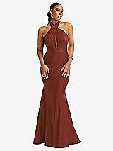 Front View Thumbnail - Auburn Moon Criss Cross Halter Open-Back Stretch Satin Mermaid Dress