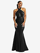 Front View Thumbnail - Black Criss Cross Halter Open-Back Stretch Satin Mermaid Dress