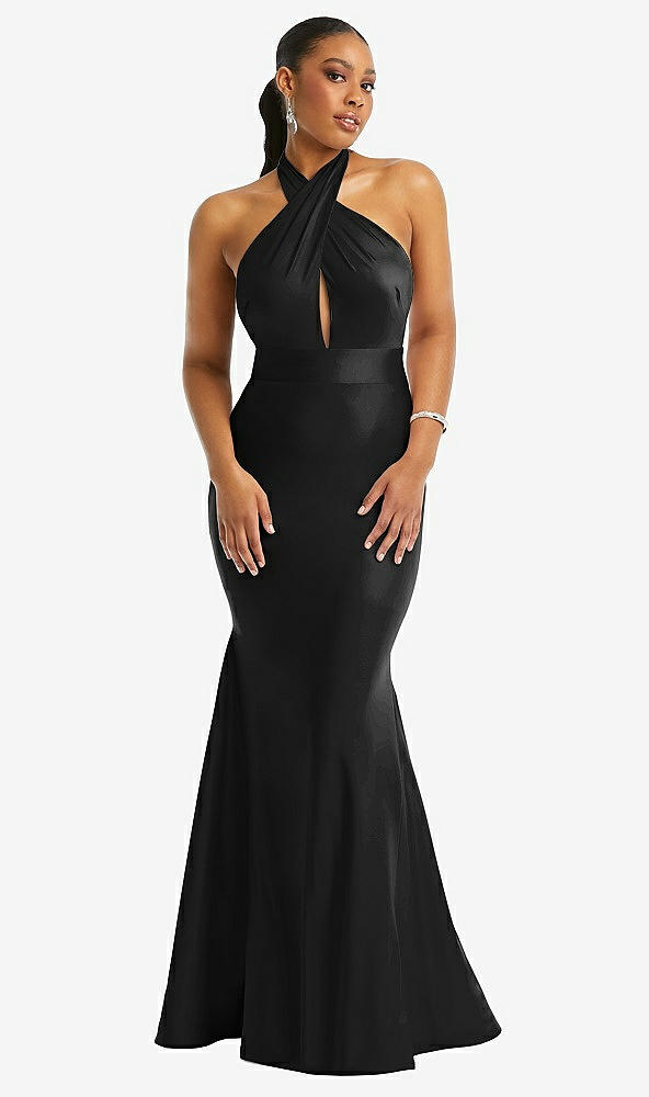 Front View - Black Criss Cross Halter Open-Back Stretch Satin Mermaid Dress