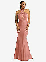 Front View Thumbnail - Desert Rose Criss Cross Halter Open-Back Stretch Satin Mermaid Dress