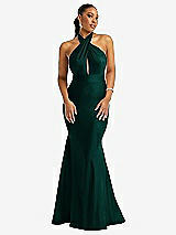 Front View Thumbnail - Evergreen Criss Cross Halter Open-Back Stretch Satin Mermaid Dress