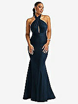 Front View Thumbnail - Midnight Navy Criss Cross Halter Open-Back Stretch Satin Mermaid Dress