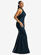 Side View Thumbnail - Midnight Navy Criss Cross Halter Open-Back Stretch Satin Mermaid Dress