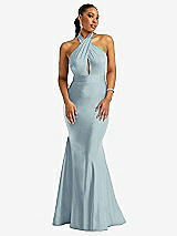 Front View Thumbnail - Mist Criss Cross Halter Open-Back Stretch Satin Mermaid Dress