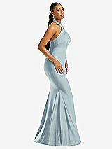 Side View Thumbnail - Mist Criss Cross Halter Open-Back Stretch Satin Mermaid Dress