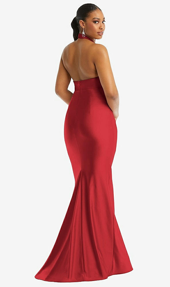 Back View - Poppy Red Criss Cross Halter Open-Back Stretch Satin Mermaid Dress