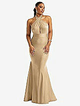 Front View Thumbnail - Soft Gold Criss Cross Halter Open-Back Stretch Satin Mermaid Dress