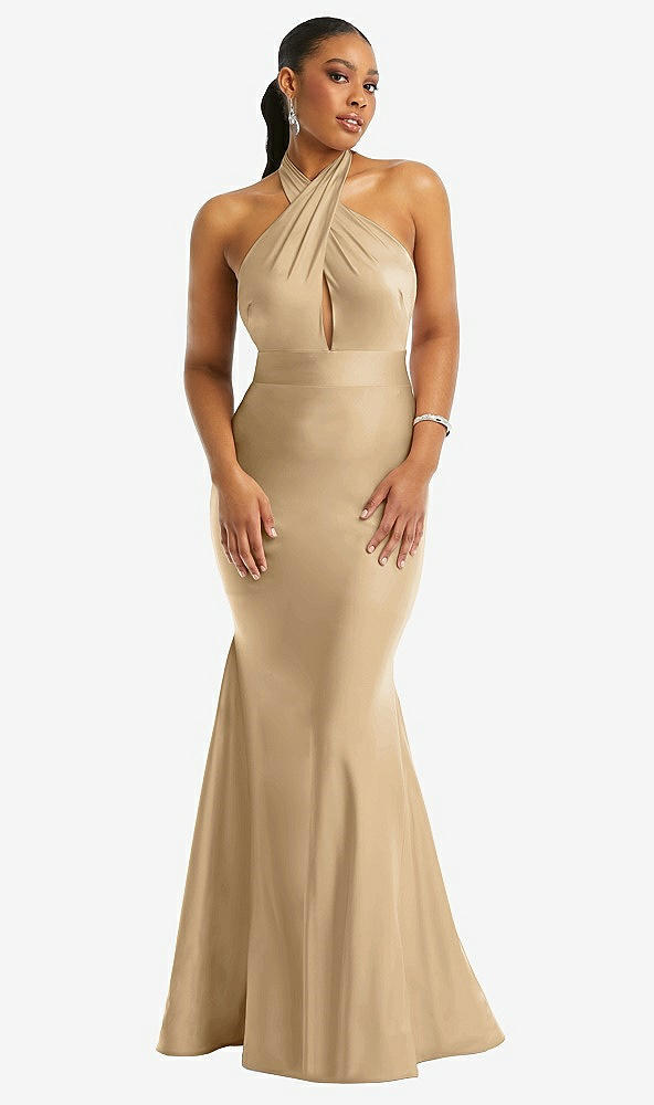 Front View - Soft Gold Criss Cross Halter Open-Back Stretch Satin Mermaid Dress