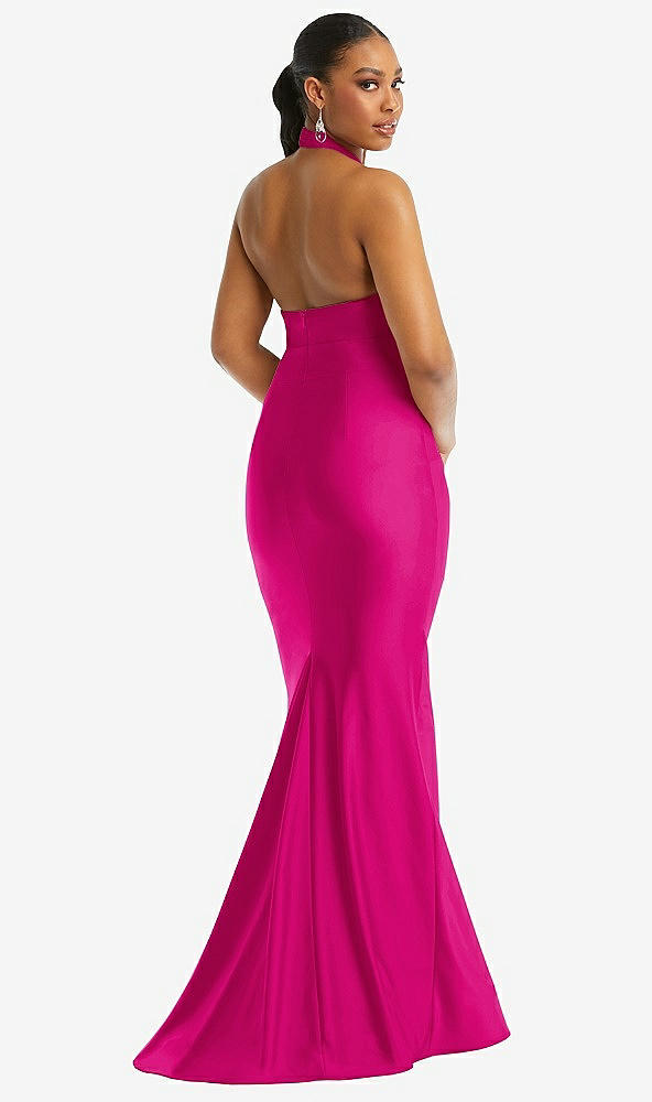 Back View - Think Pink Criss Cross Halter Open-Back Stretch Satin Mermaid Dress