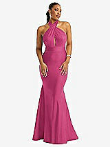 Front View Thumbnail - Tea Rose Criss Cross Halter Open-Back Stretch Satin Mermaid Dress