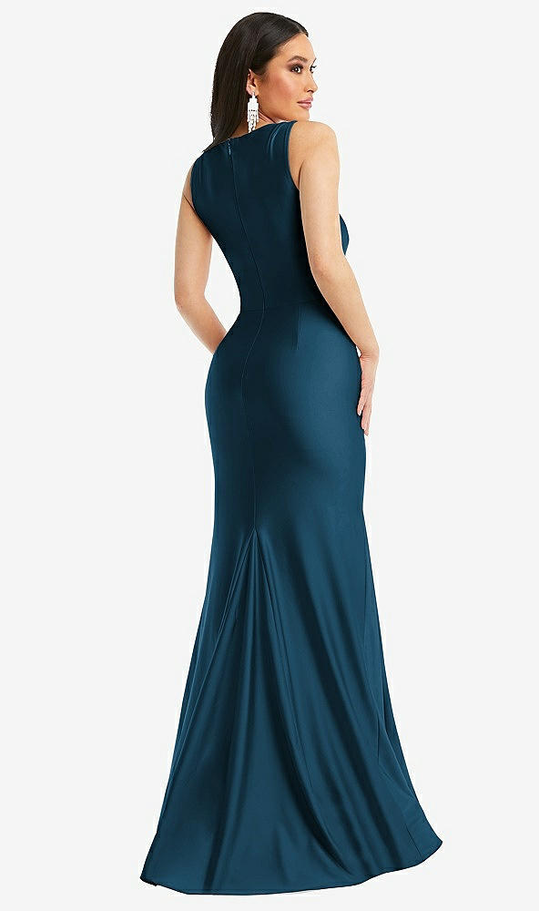 Back View - Atlantic Blue Square Neck Stretch Satin Mermaid Dress with Slight Train