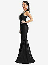 Side View Thumbnail - Black Square Neck Stretch Satin Mermaid Dress with Slight Train