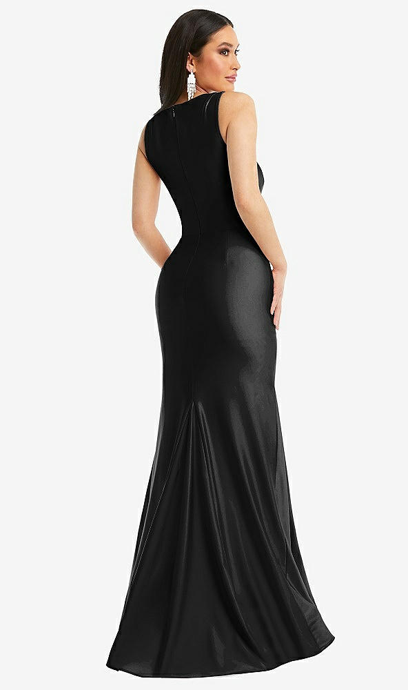 Back View - Black Square Neck Stretch Satin Mermaid Dress with Slight Train