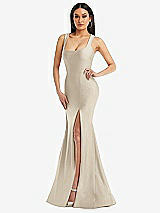 Alt View 1 Thumbnail - Champagne Square Neck Stretch Satin Mermaid Dress with Slight Train