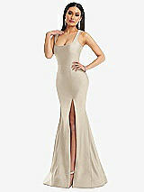 Alt View 2 Thumbnail - Champagne Square Neck Stretch Satin Mermaid Dress with Slight Train