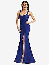 Alt View 1 Thumbnail - Cobalt Blue Square Neck Stretch Satin Mermaid Dress with Slight Train