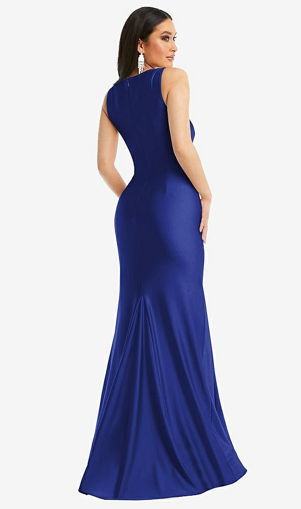 Back View - Cobalt Blue Square Neck Stretch Satin Mermaid Dress with Slight Train