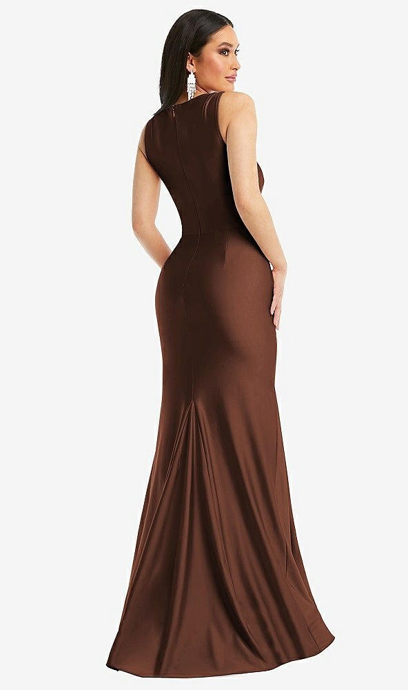 Back View - Cognac Square Neck Stretch Satin Mermaid Dress with Slight Train