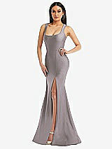 Alt View 1 Thumbnail - Cashmere Gray Square Neck Stretch Satin Mermaid Dress with Slight Train