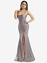 Alt View 2 Thumbnail - Cashmere Gray Square Neck Stretch Satin Mermaid Dress with Slight Train