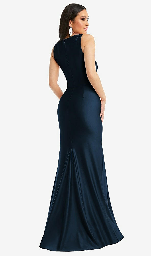 Back View - Midnight Navy Square Neck Stretch Satin Mermaid Dress with Slight Train