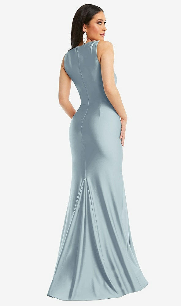 Back View - Mist Square Neck Stretch Satin Mermaid Dress with Slight Train