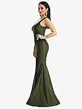 Side View Thumbnail - Olive Green Square Neck Stretch Satin Mermaid Dress with Slight Train