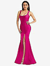 Alt View 1 Thumbnail - Think Pink Square Neck Stretch Satin Mermaid Dress with Slight Train