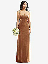 Alt View 1 Thumbnail - Golden Almond Spaghetti Strap Cutout Midriff Velvet Maxi Dress