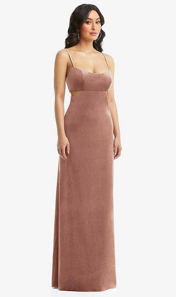 Front View - Tawny Rose Spaghetti Strap Cutout Midriff Velvet Maxi Dress