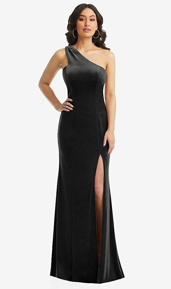 Front View - Black One-Shoulder Velvet Trumpet Gown with Front Slit