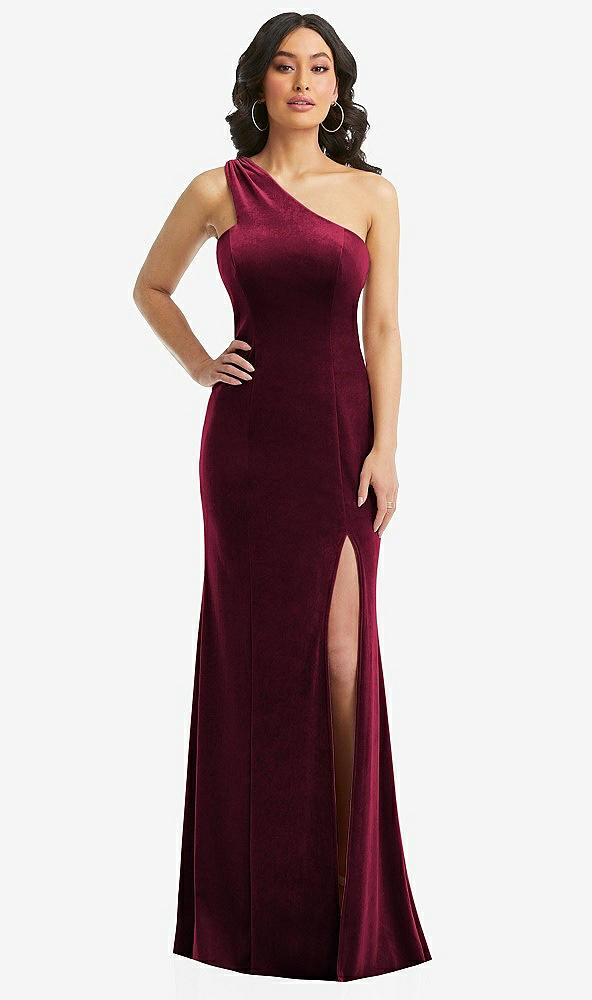 Front View - Cabernet One-Shoulder Velvet Trumpet Gown with Front Slit