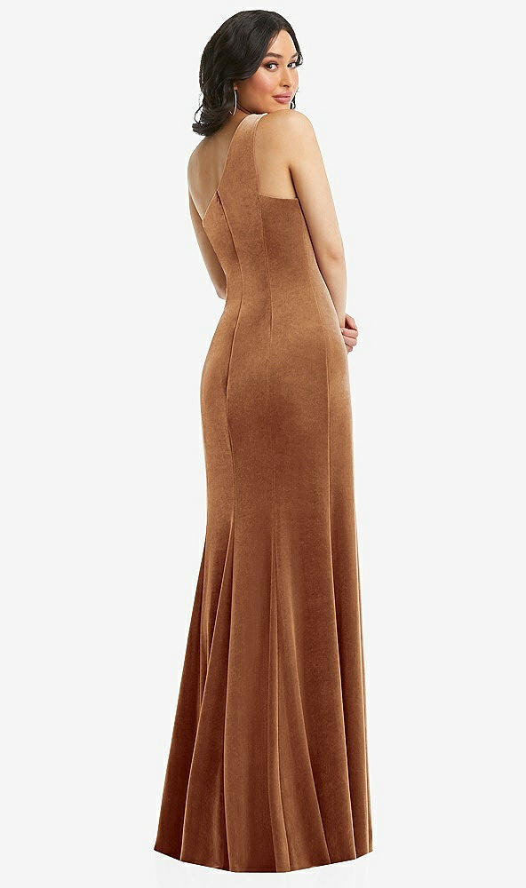 Back View - Golden Almond One-Shoulder Velvet Trumpet Gown with Front Slit