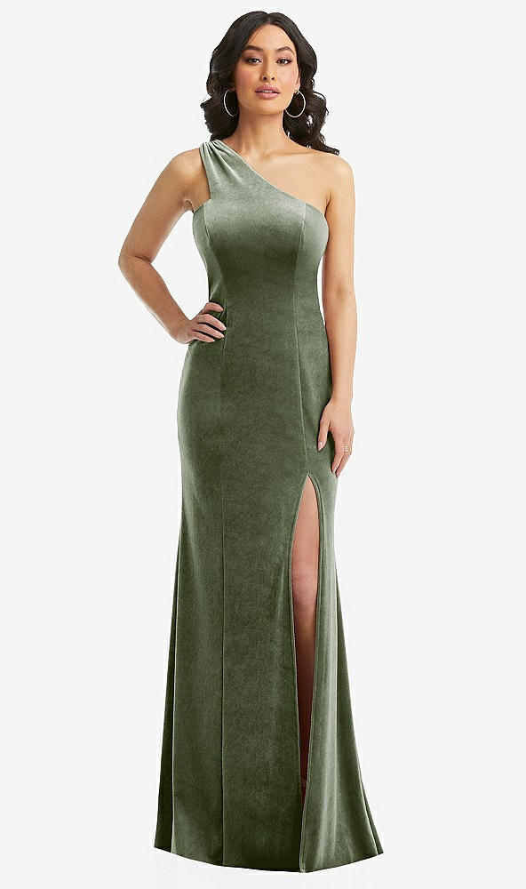 Front View - Sage One-Shoulder Velvet Trumpet Gown with Front Slit