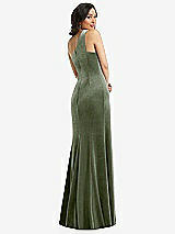 Rear View Thumbnail - Sage One-Shoulder Velvet Trumpet Gown with Front Slit