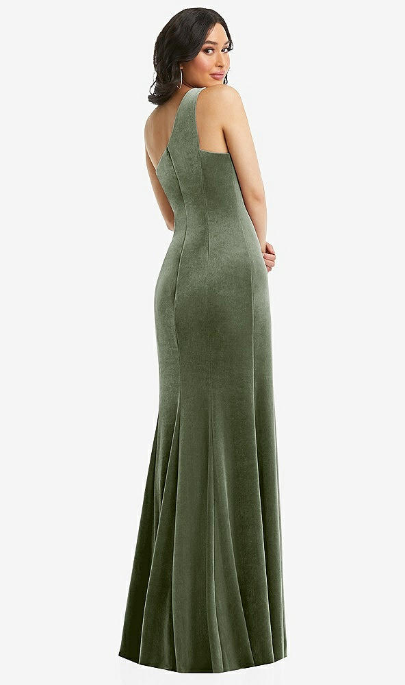 Back View - Sage One-Shoulder Velvet Trumpet Gown with Front Slit