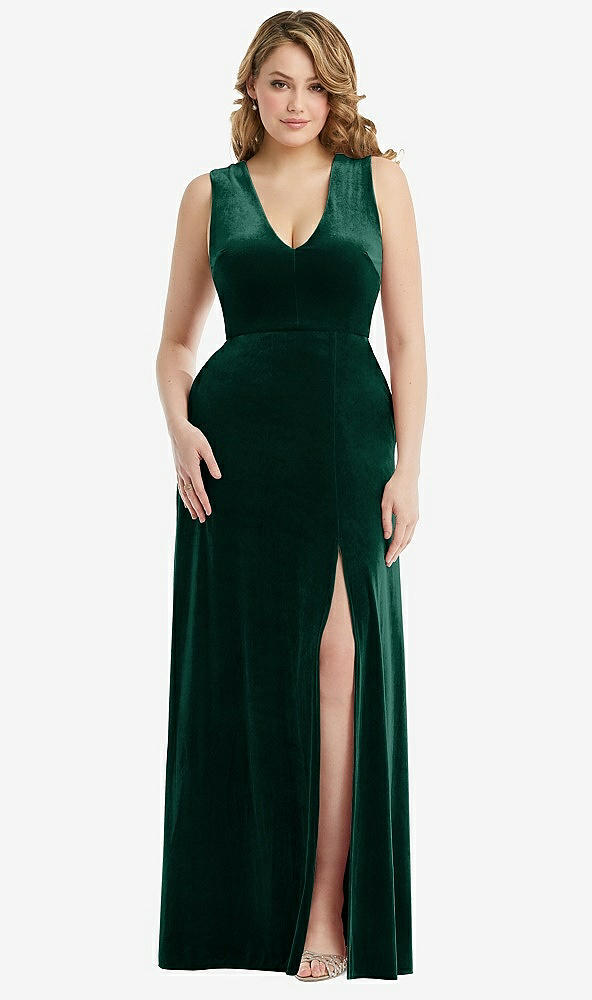 Front View - Evergreen Deep V-Neck Sleeveless Velvet Maxi Dress with Pockets