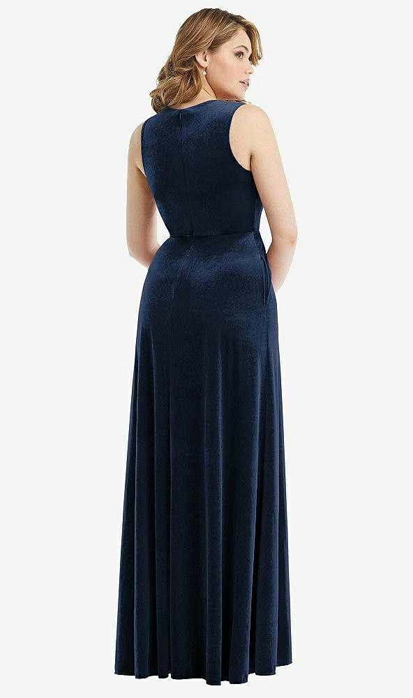 Back View - Midnight Navy Deep V-Neck Sleeveless Velvet Maxi Dress with Pockets