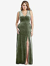 Front View Thumbnail - Sage Deep V-Neck Sleeveless Velvet Maxi Dress with Pockets