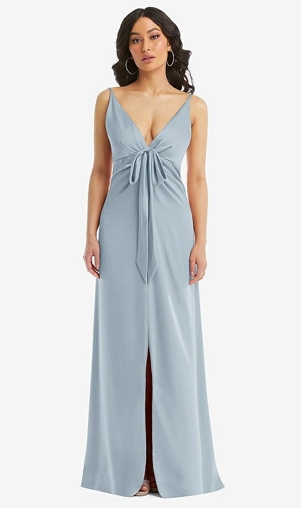 Front View - Mist Skinny Strap Plunge Neckline Maxi Dress with Bow Detail