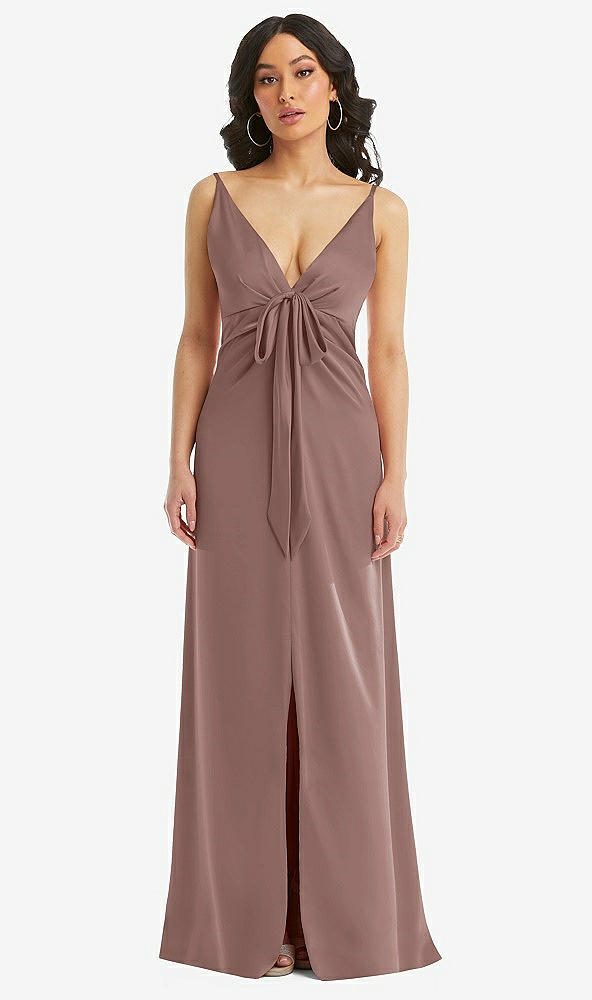 Front View - Sienna Skinny Strap Plunge Neckline Maxi Dress with Bow Detail